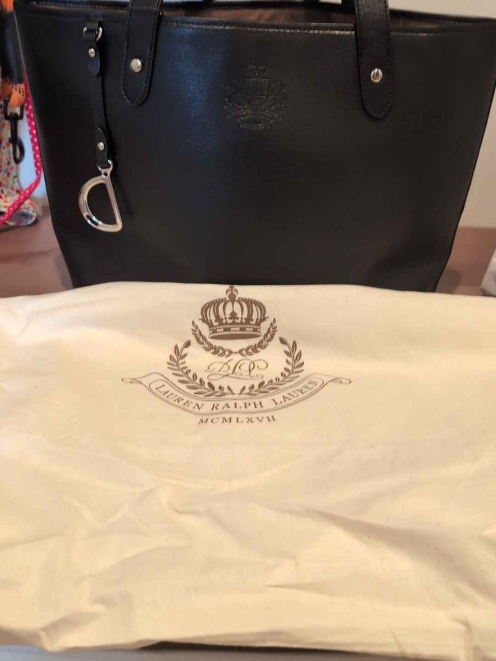 Lauren Ralph Lauren Black Leather Logo Tote with Silver Charm